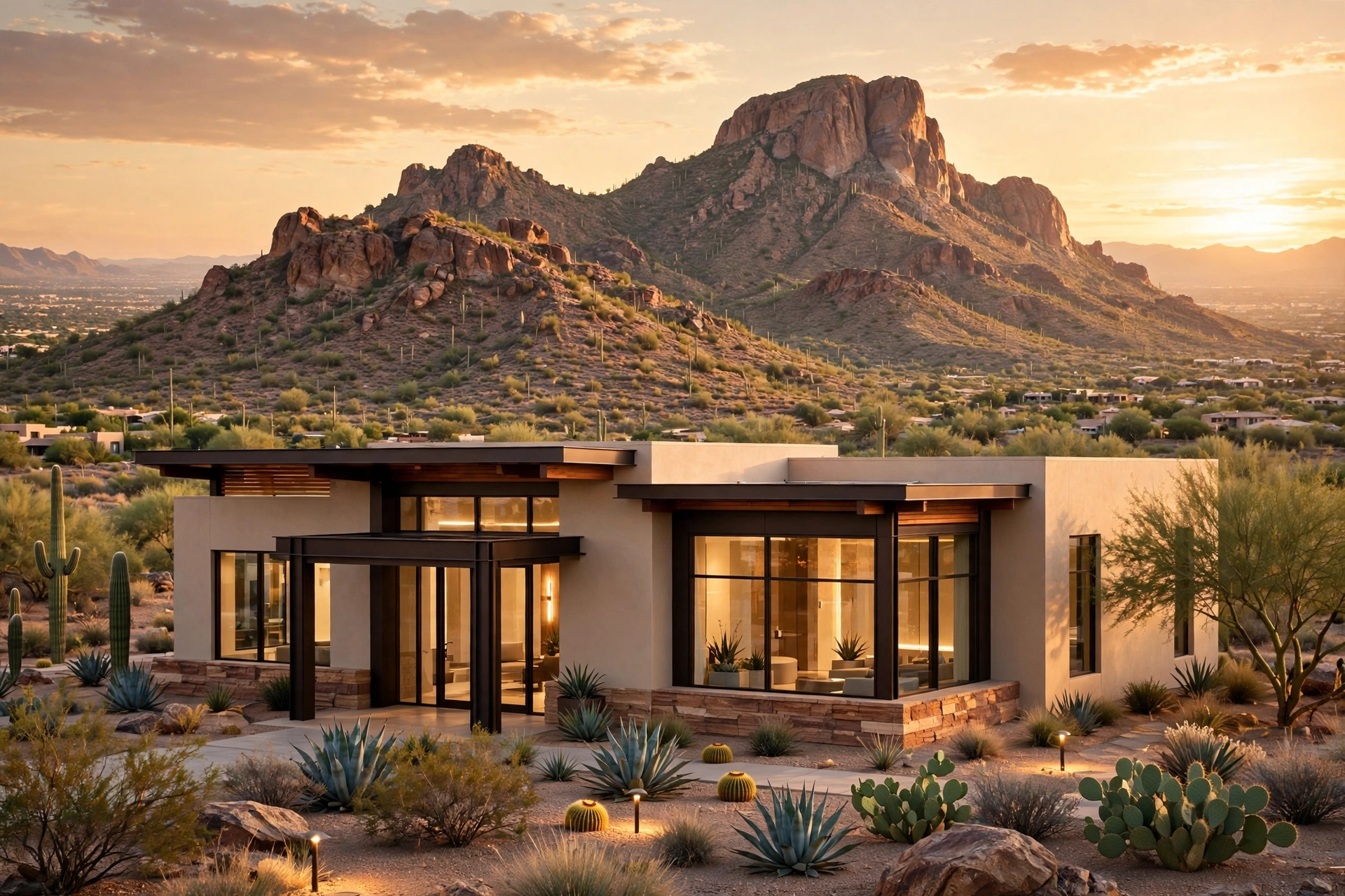 Upscale Arizona plastic surgery clinic at golden hour with Camelback Mountain behind it